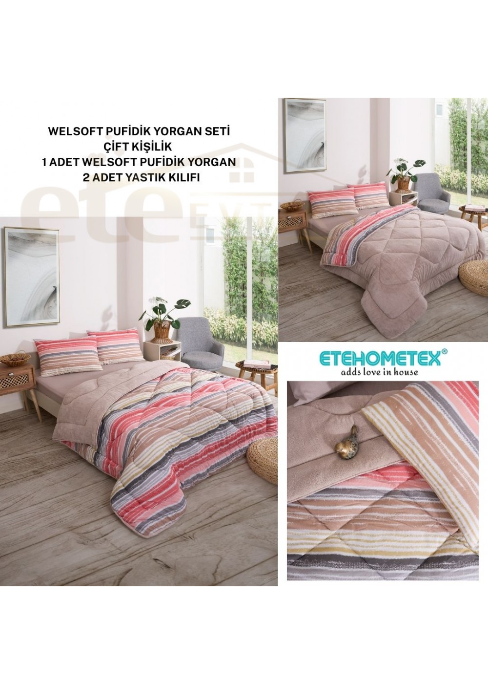 ETE HOMETEX ÇİFT KİŞİLİK LÜX WELSOFT YORGAN SETİ 195X215CM TASEL BEJ 8696474231952